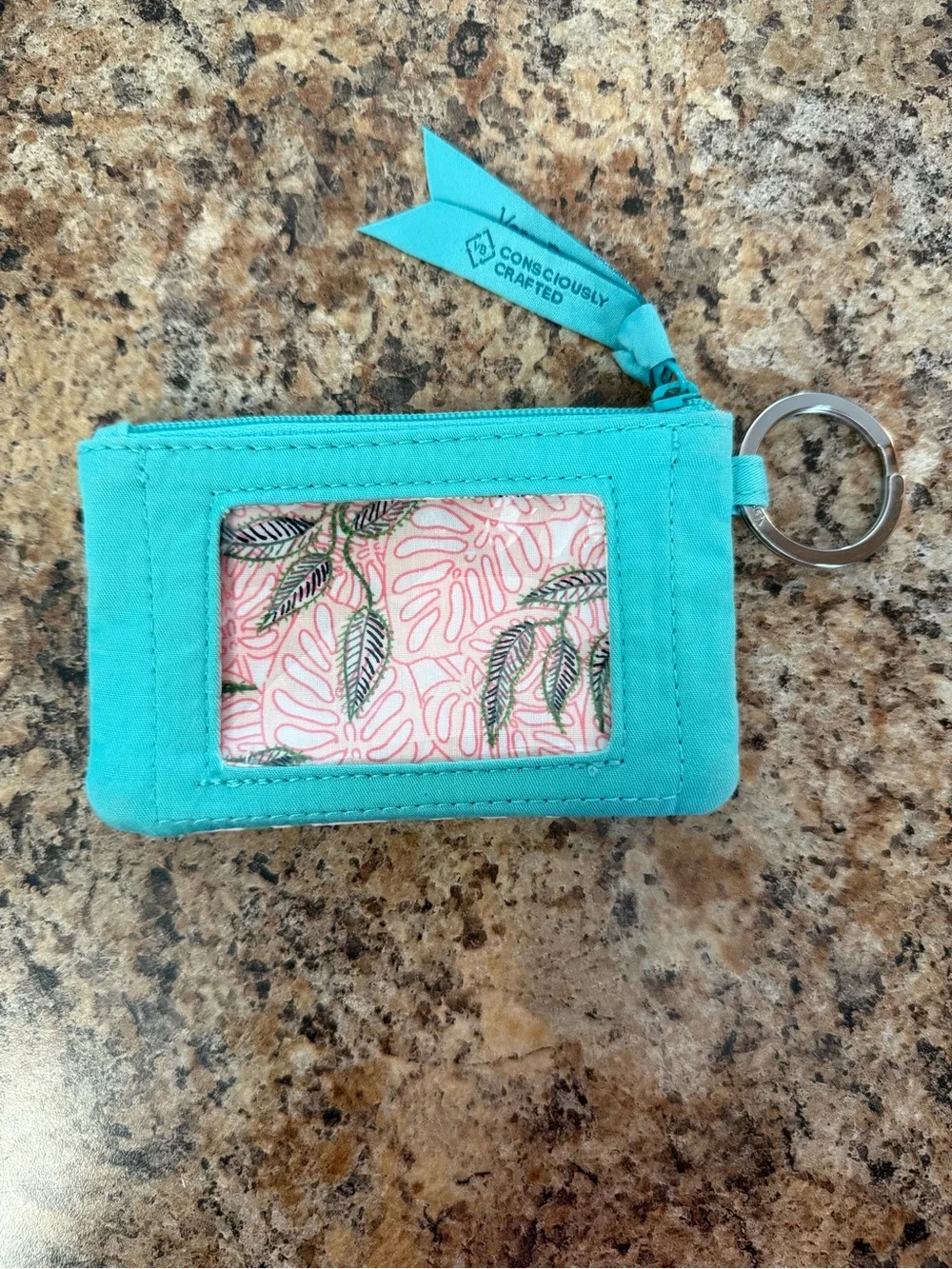 Vera Bradley VBJ20 Teal White Monstera Leaf Zip ID Case Wallet Travel Summer